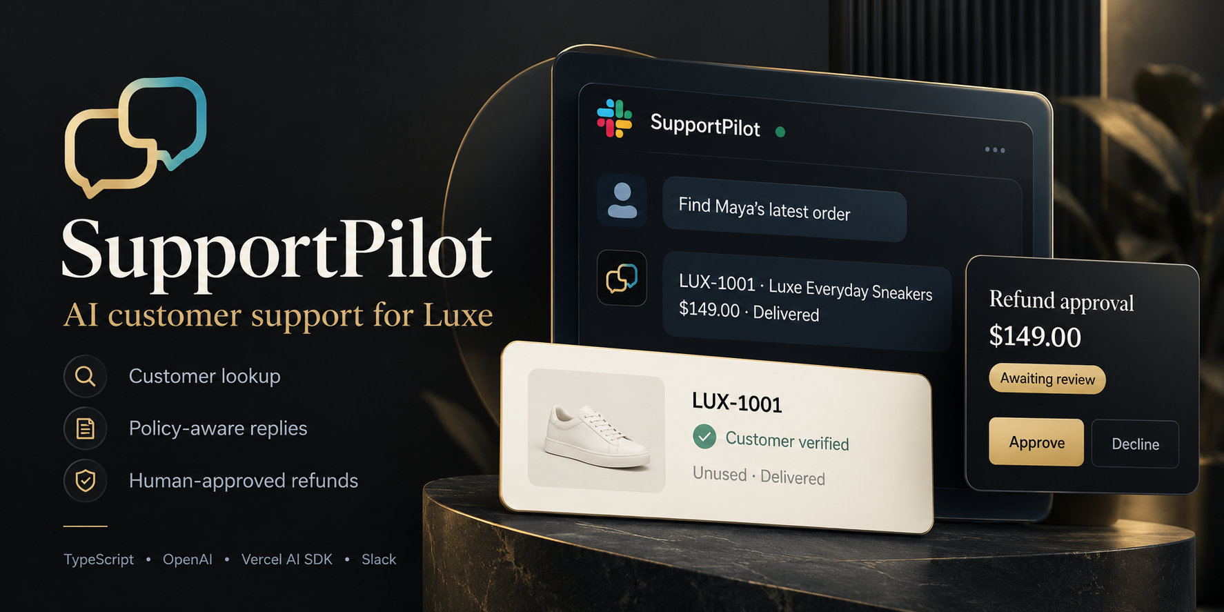 SupportPilot AI support assistant showing Slack customer lookup and human refund approval